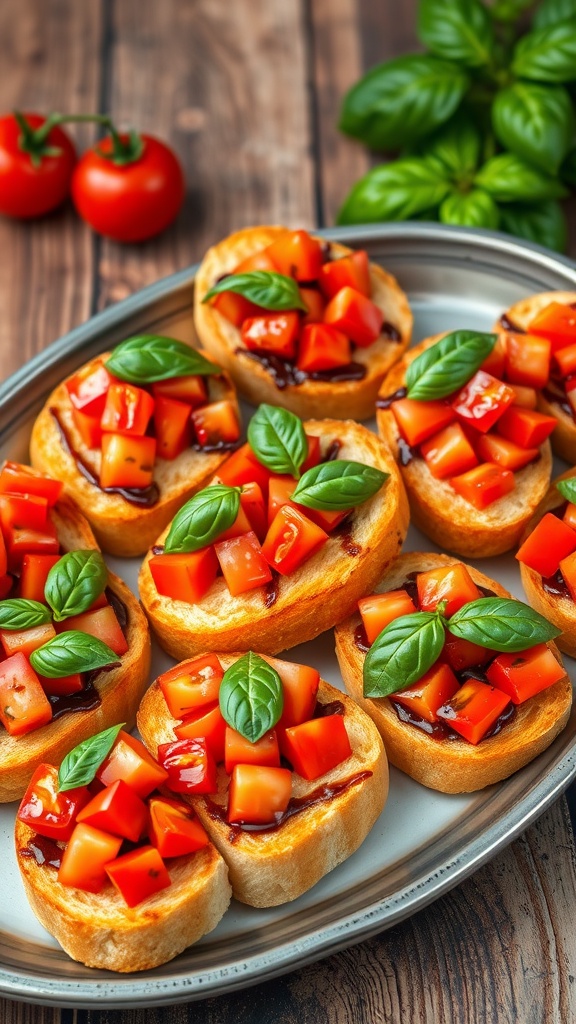A serving platter of bruschetta with toasted bread topped with diced tomatoes and basil, drizzled with balsamic glaze.